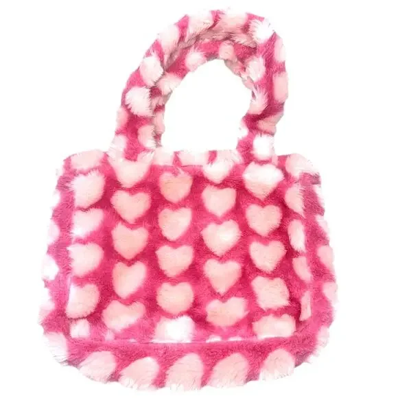 Hello Kitty Pink Faux-Fur Hearts Tote Bag, Large, Soft Plush Shoulder Purse - Picture 2 of 6
